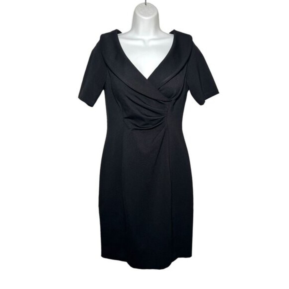 Kay Unger New York Black Shawl Collar Ruched Sheath Knit Mini Dress Size 8
